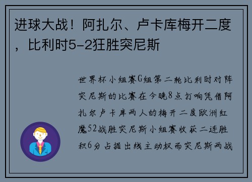 进球大战！阿扎尔、卢卡库梅开二度，比利时5-2狂胜突尼斯
